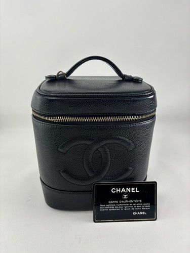 Authentic Chanel Timeless Vanity Case Black Caviar Leather Golden Hardware Bag