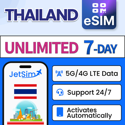 JetSim Thailand eSIM, Unlimited High-Speed Data on Dtac Network (7 Days)