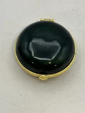 Brass And Enamel Trinket Box Hinged Lid Round Dark Green Ornate Trimming