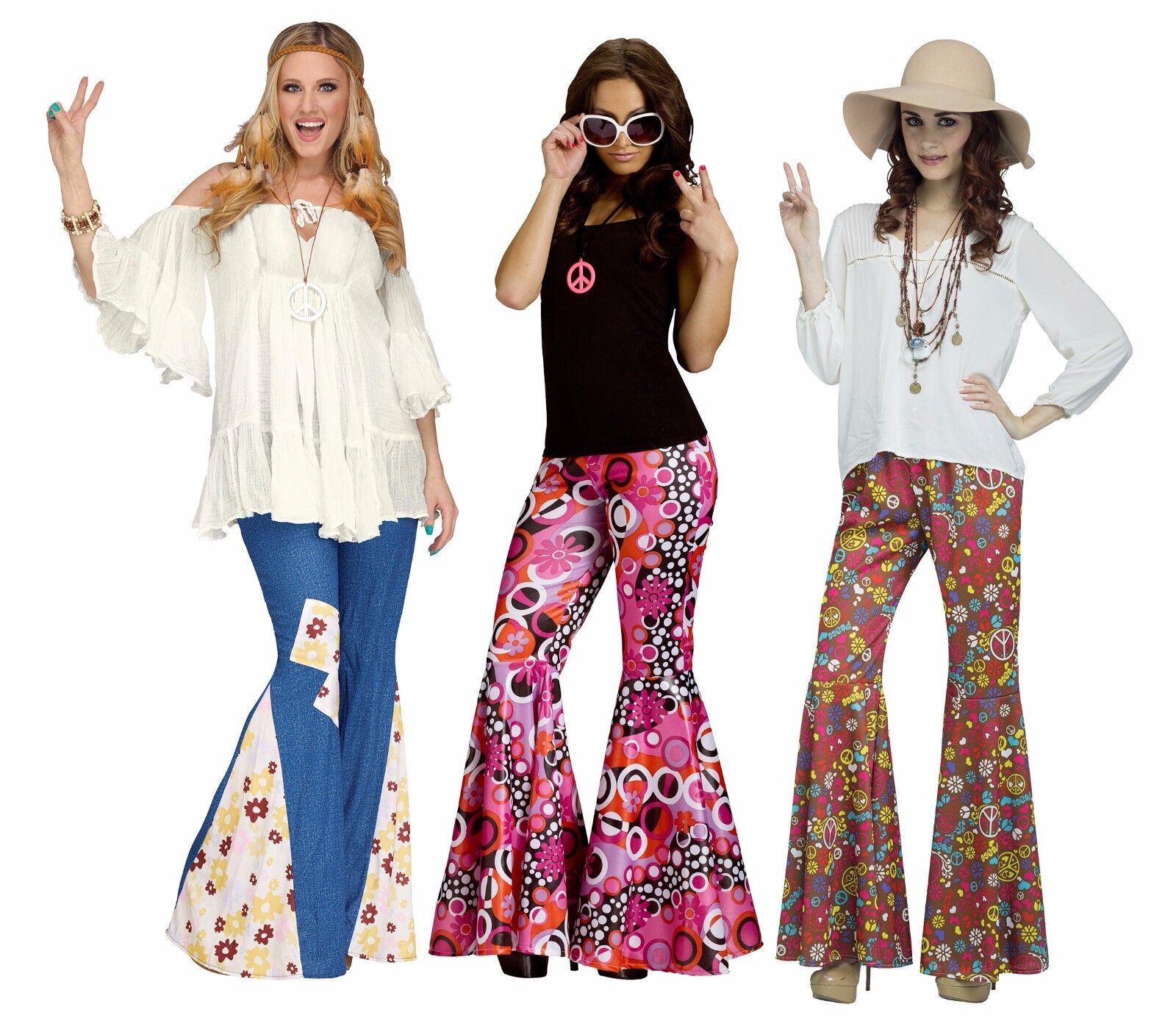 Adult 60s 70s Hippie Groovy Flower Child Bell Bottom Denim Peace