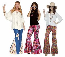 Adult 60s 70s Hippie Groovy Flower Child Bell Bottom Denim Peace Pants Costume