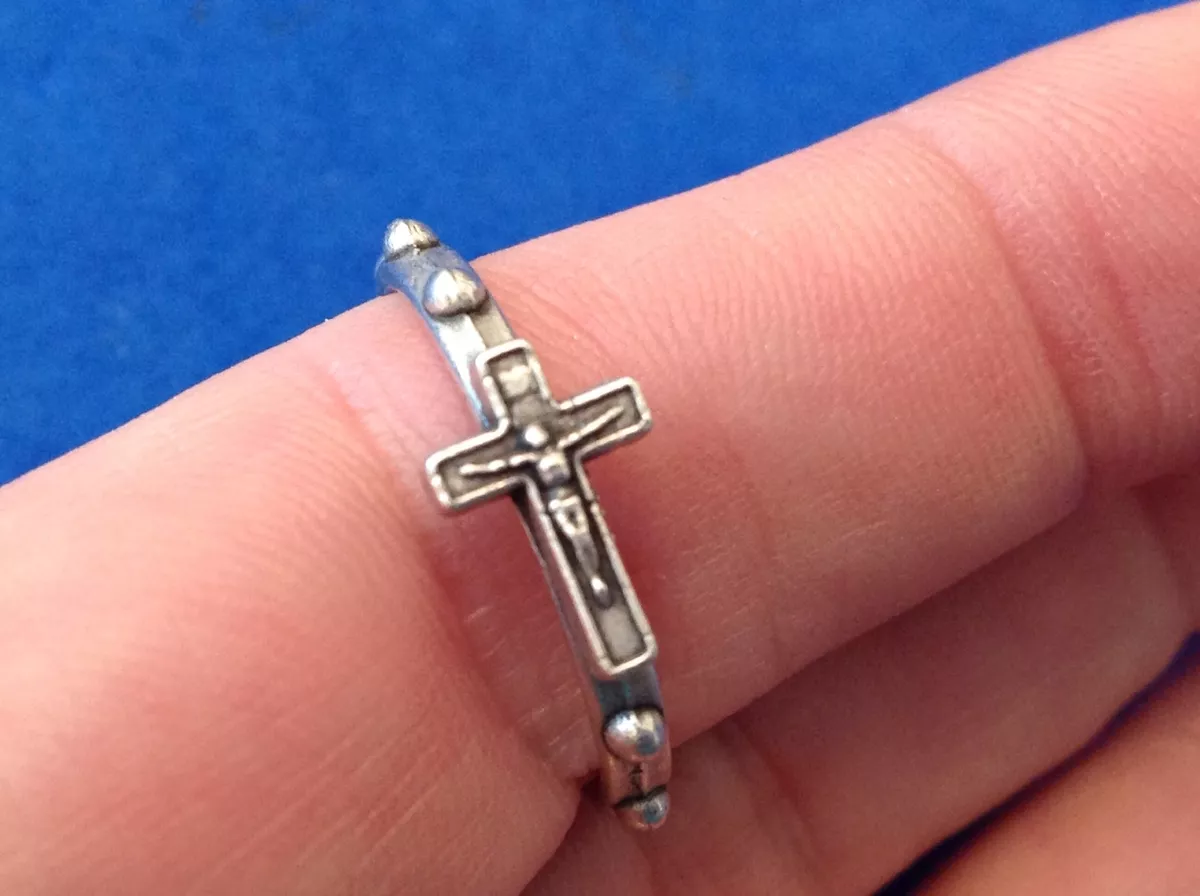 Catholic Rosary Ring with Crucifix Silver