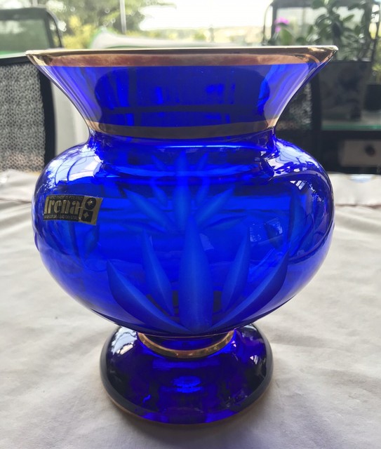 Irena 24 Cobalt Blue Lead Crystal Vase With Gold Trim Engraved Made