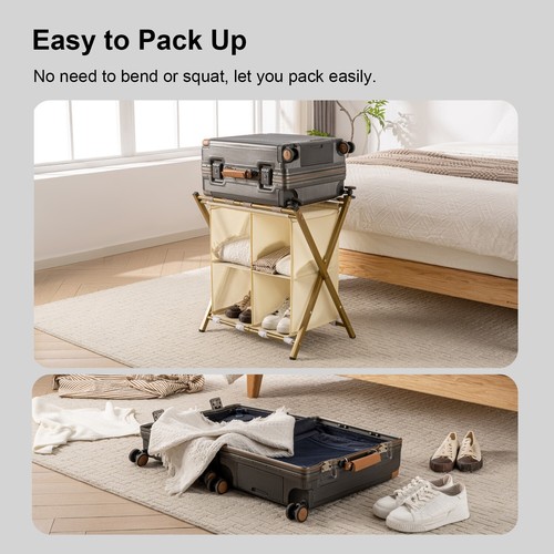Luggage Rack, Suitcase Stand Holder with fabric storage cube, Gold&White - Picture 5 of 7