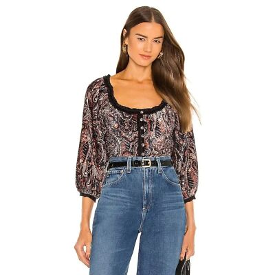 Free People Dare Me Velvet Blouse Size Small Black Combo