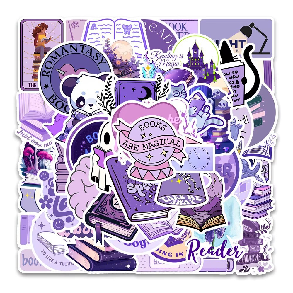 50 Pack of Purple Bookish Reading Stickers for Laptop/Water 
