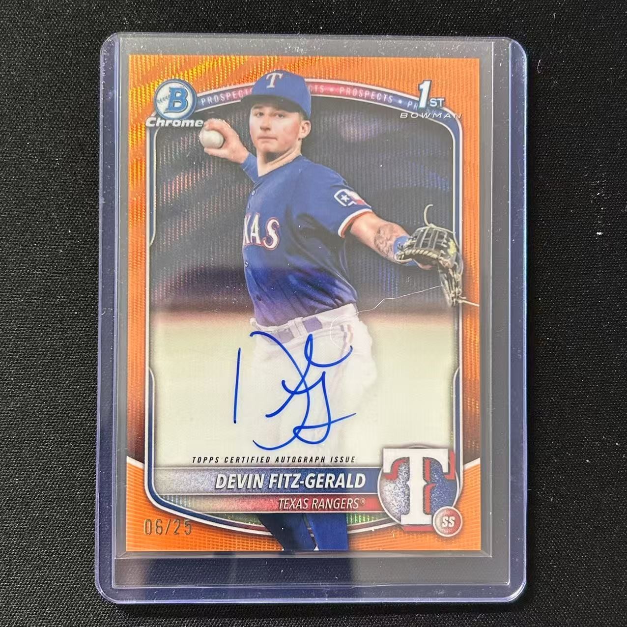 🔌IU 2025 BOWMAN CHROME PROSPECT 1ST AUTO ORANGE WAVE /25 DEVIN FITZ-GERALD