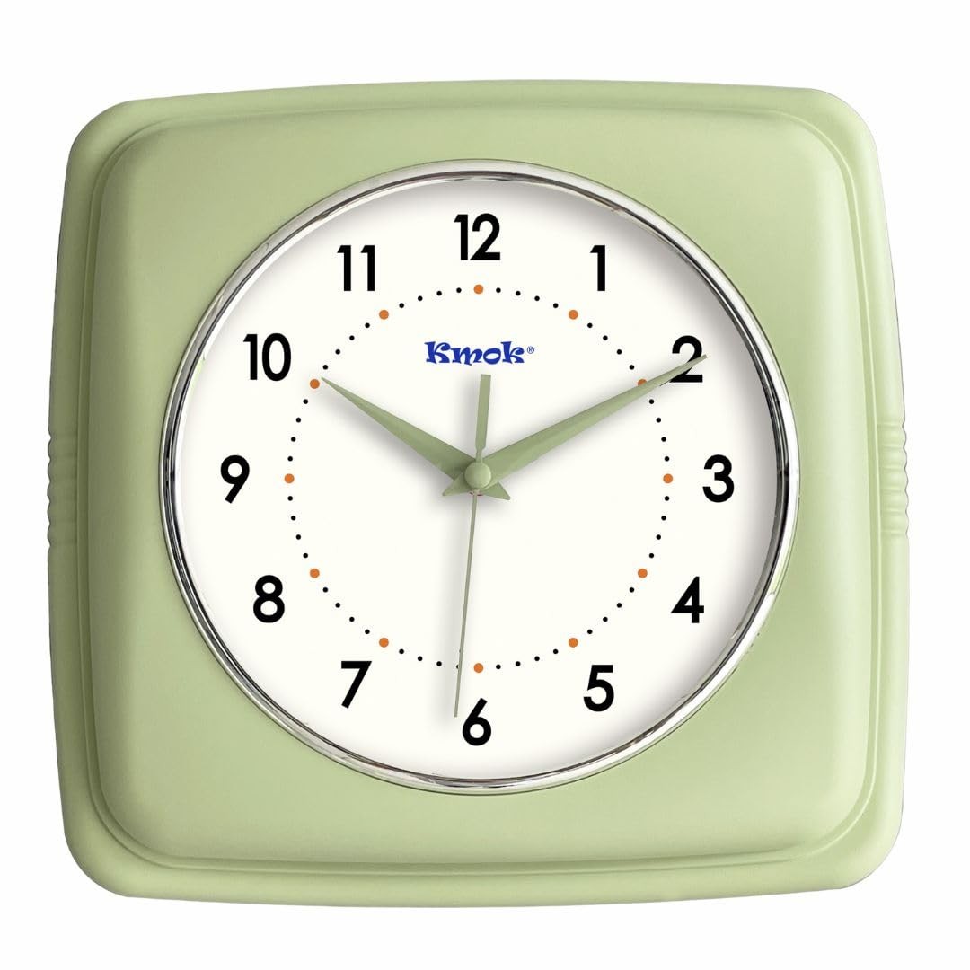 Pastel Green 9 Inch Retro Square Wall Clock Battery Operated Silent Home