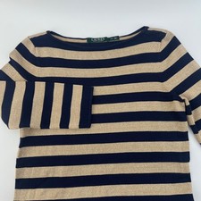 Lauren Ralph Lauren Navy Gold Metallic Striped Boat Neck Sheath Dress Petite S