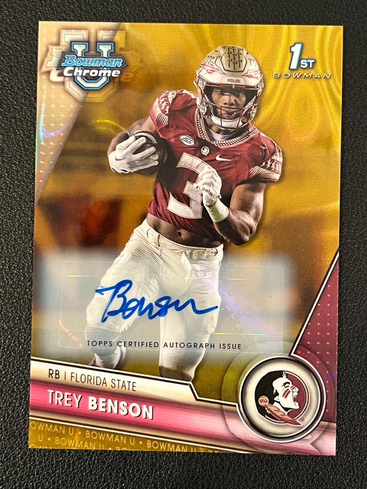 Trey Benson 2023 Bowman Chrome University 1st Gold Lava Auto /50 Cardinals
