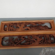 Set 2 Ranma Giapponese Intaglio Legno Vintage L173cm Inciso Navi dal Giappone