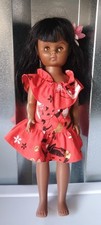 Vintage Doll Hawaiian Hawaii Theme Flower Red Dress Black Hair 14.75" Tall