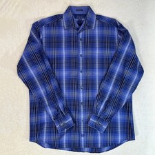 Bugatchi Men s L Classic Fit Dress Shirt Long Sleeve Button Down Blue Plaid Uomo