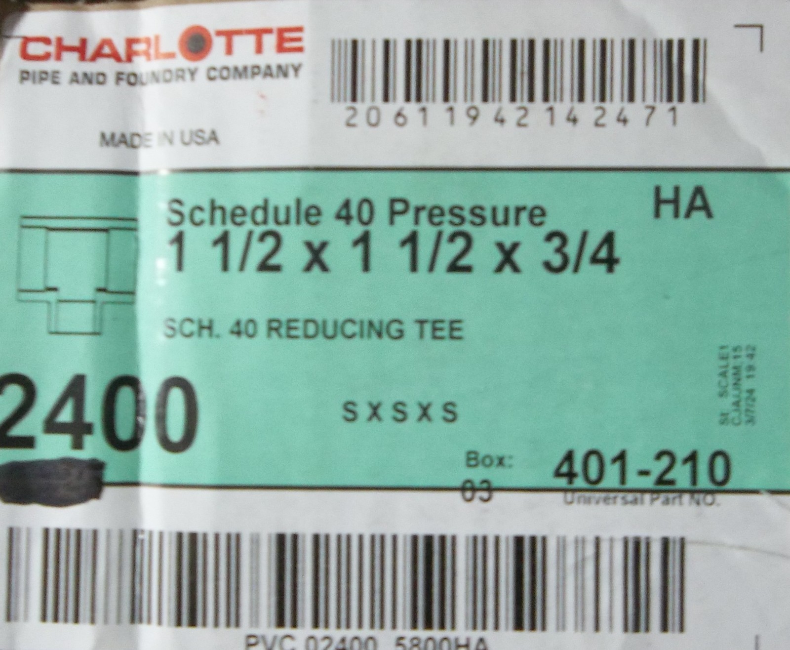 2 - Schedule 40 Pvc Reducing Tee, 1-1/2 X 1-1/2 X 3/4 In., Slip X Slip X  Slip