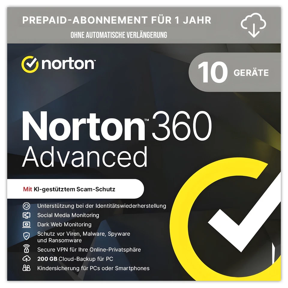 Norton 360 Advanced | 10 Geräte| 1 Jahr|kein autom. Abo|Key schnell per Chat|ESD