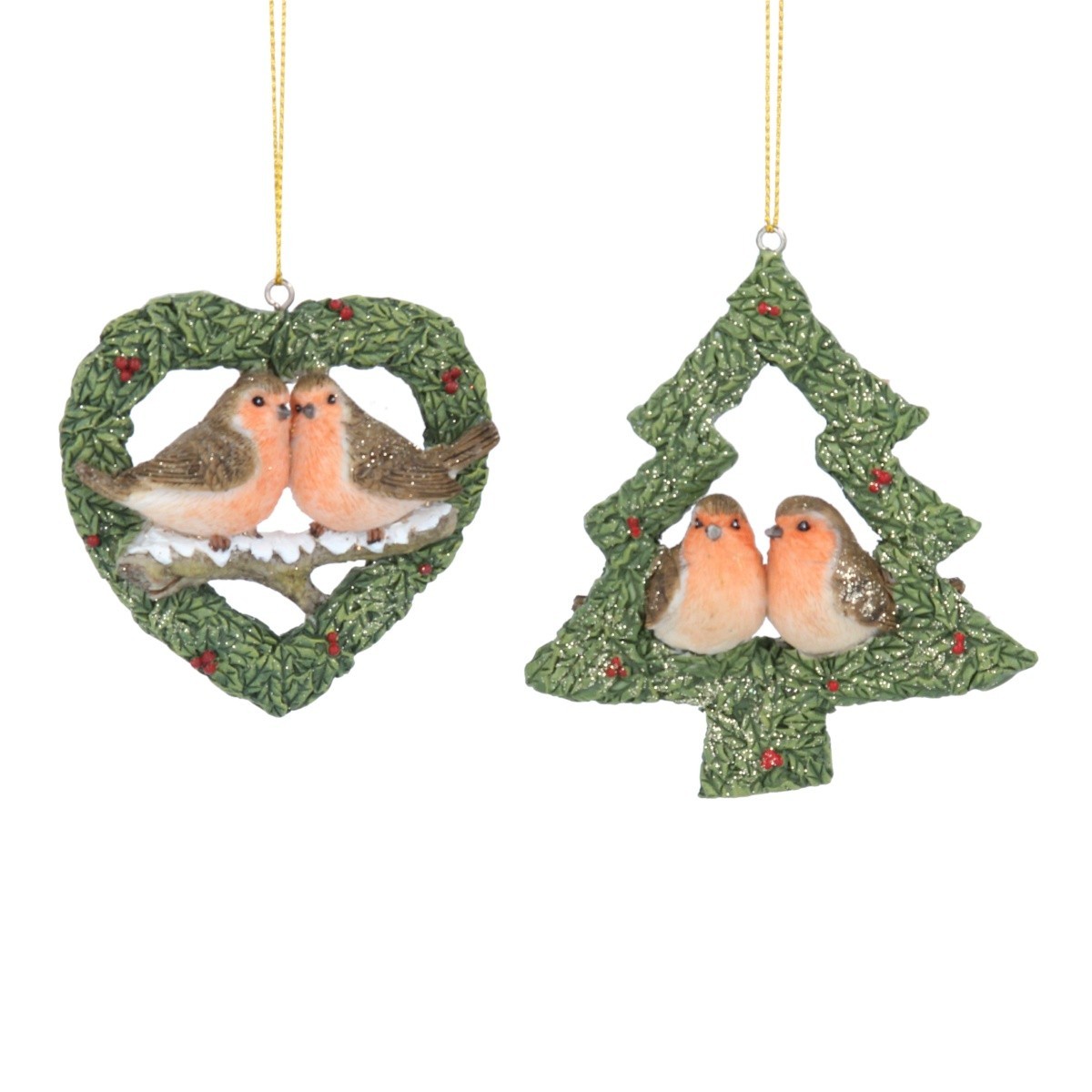 Gisela Graham Set of Two Robins in Trees Christmas Decorations With Gold Twine