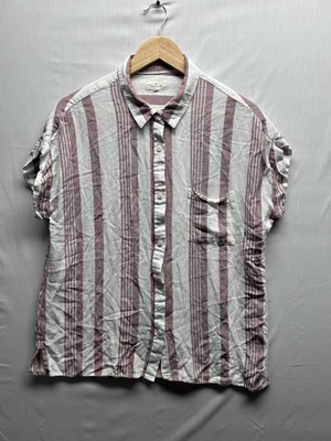 Thread And Supply Women s Large Linen Blend Button Up Shirt Pink Stripe