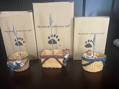 Boyds Bears Dot, Noodle, & Jot Bearstone Basket Memo Holders NIB