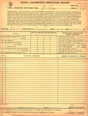 1962 Jersey Central Lines Diesel Locomotive Inspection Report Scranton PA