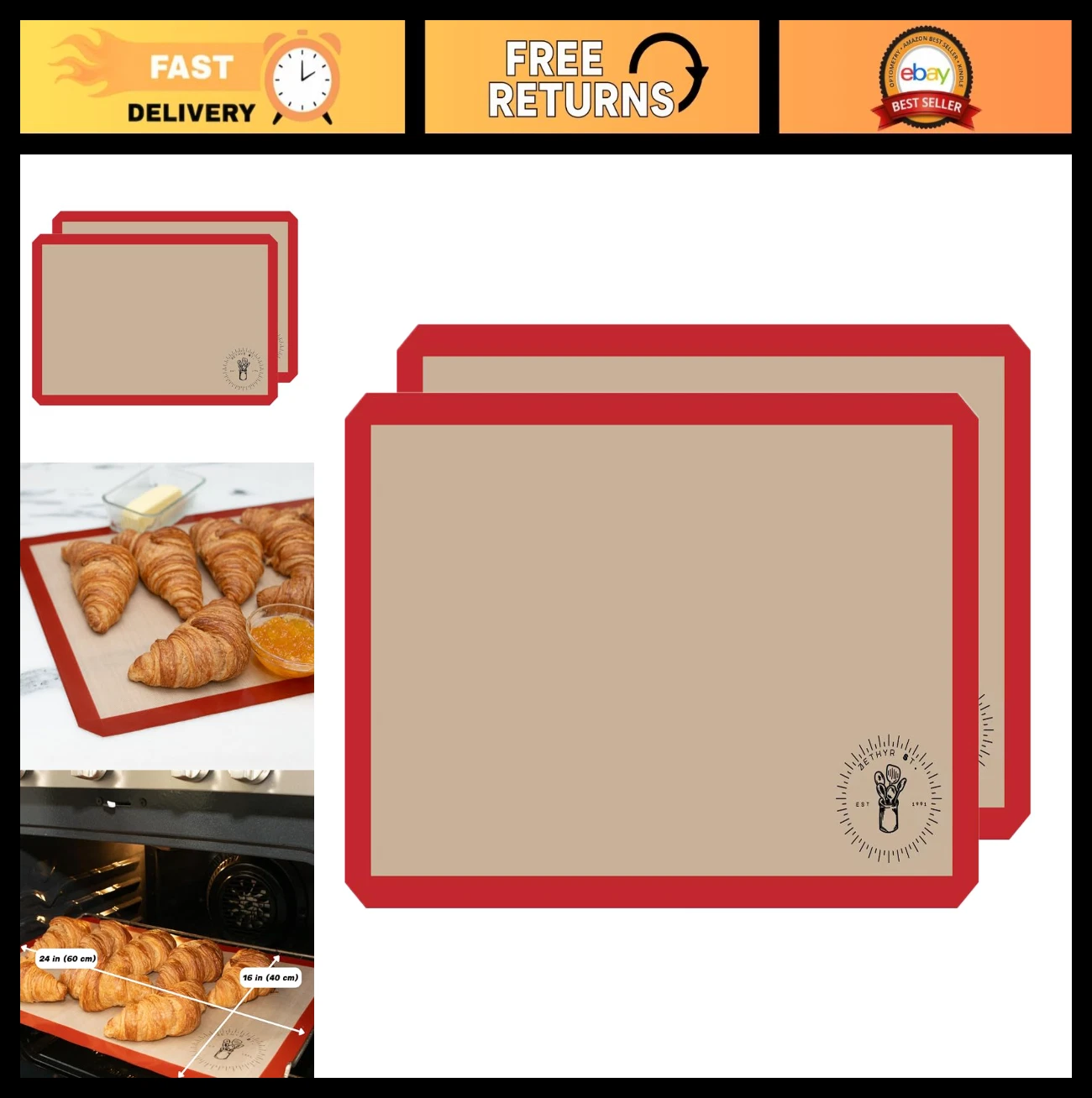Silicone Baking Mats Full Size Non-Stick Sheet Liners 2 Pack 16 x 24 in
Opens in a new window or tab