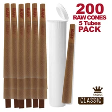 RAW Cones 200 Pack Classic King Size Pre Rolls with Tips Plus 5 White Tubes