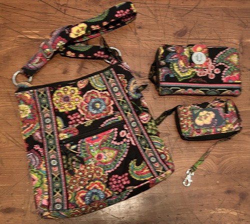 3 PC VERA BRADLEY Bucket Tote Bag Purse Symphony in Hue with Wallet Card Holder