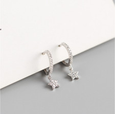 Sterling Silver Small Star Dangle Women Men CZ Drop Huggie Hoop Earrings Box A28