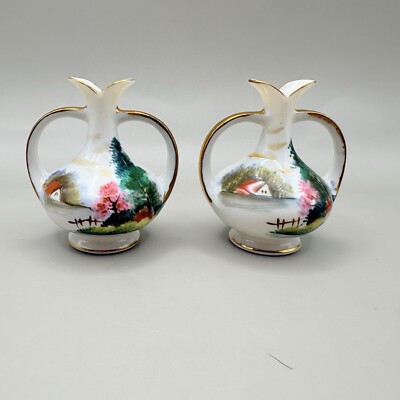 Vintage Mini Japanese Landscape Scene 2 Handle Vase Retro Home Decor