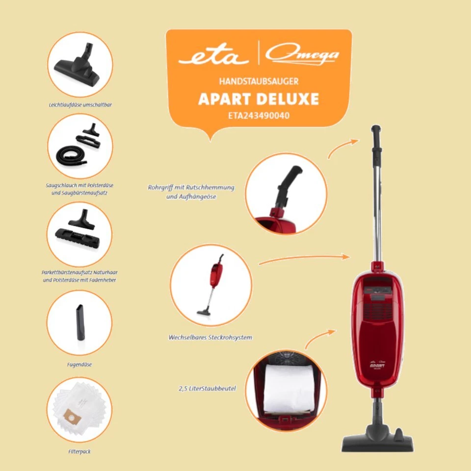 eta / Omega Apart Deluxe Handstaubsauger 800 W + Schlauch und Parkettbürste