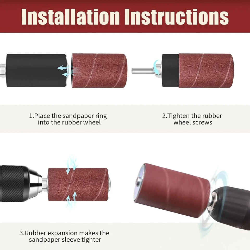 PACK 28 Tambores y Mangas de Lijado de 2" con Vástago de 1/4 1/8 para Taladro Granos Surtidos Foto 3 de 4