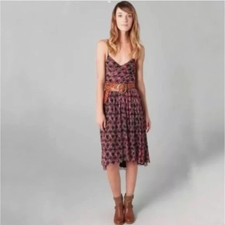 Free People Spaghetti Strap Asymmetrical Red Black Floral V-Neck A-Line Dress M
