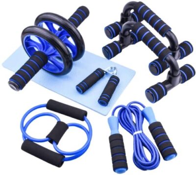 7-IN-1 Ab Roller Radsatz mit, 2 Liegestützstangen, Widerstandsband,