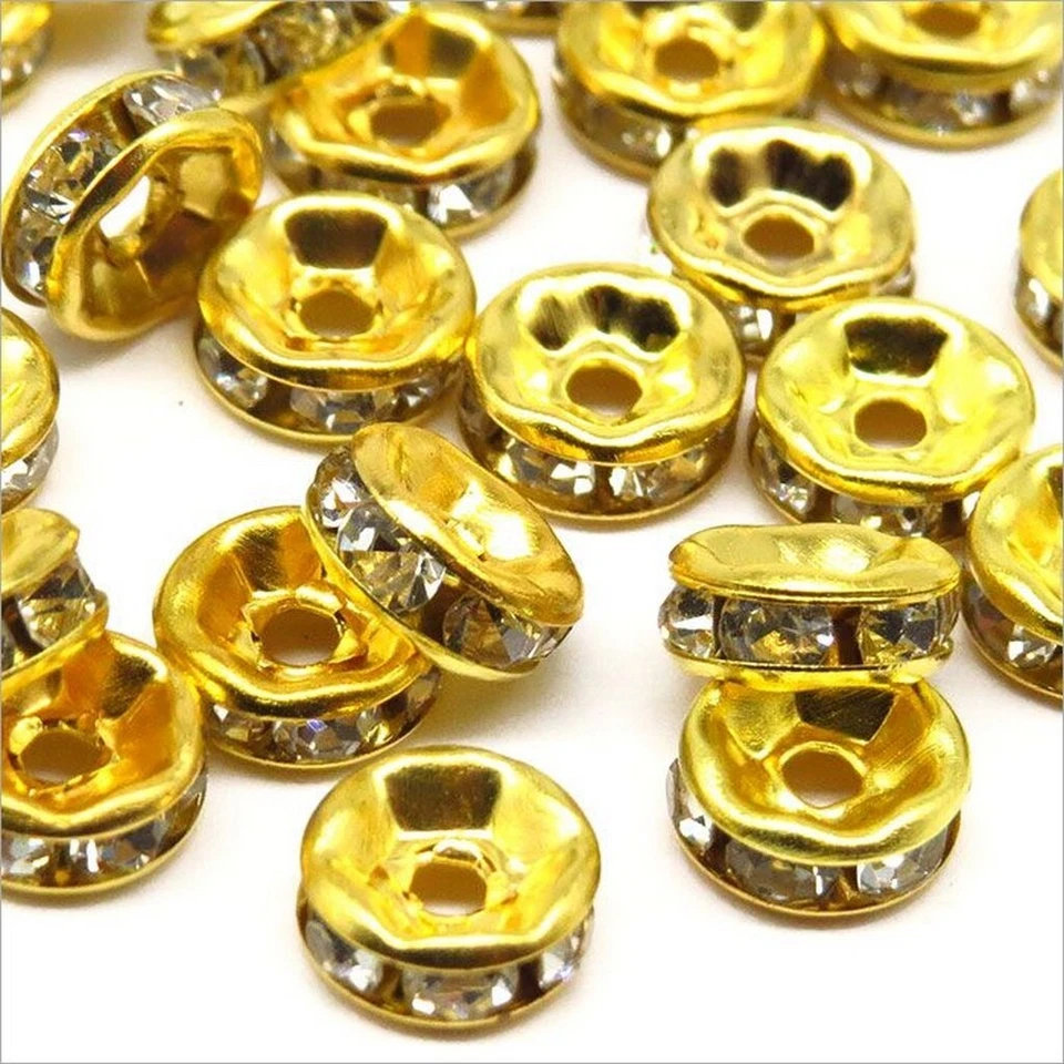 20 PERLES INTERCALAIRE STRASS TRANSPARENT METAL DORE OR 8 mm - Grade A - Photo 2/4