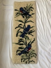 Vintage Latch Hook Rug Long Wall Hanging 38" Spring Floral Blue Birds 70s Boho