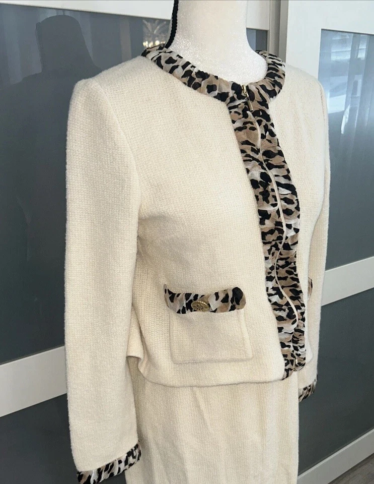 Chaqueta St John Crema Cremallera Vintage Tejida Seda Estampado Animal Borde S Foto 2 de 4