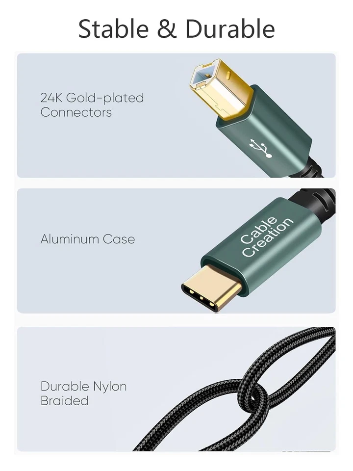 USB B to USB C 6.6 FT Printer Cable, MIDI Cable, Nylon Braided USB B to C Cord f - Image 2 of 4