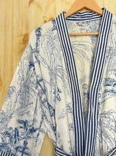 Indian Blue Forest Striped Kimono Cotton Bridal Bath Robes Maxi Night Gown US