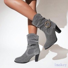 Womens Block Heels Glitter Pull On Ankle Mid Calf Boots Casual Party Dress Shoes