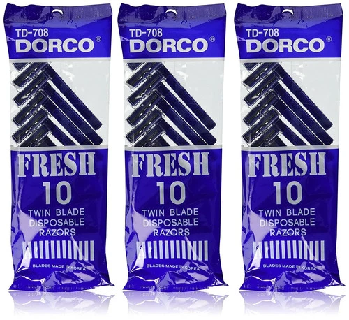 3 PACK -30 count Dorco Blue Twin Blade Disposable Razors For Men TD-708