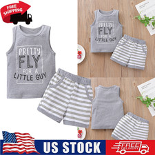 2Pcs Toddler Baby Boy Summer Gray Lettered Vest Striped Shorts Outfits Clothing