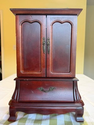 Vintage Wooden Jewelry Box Armoire Cherry Wood Cabinet Mirror Necklace Organizer