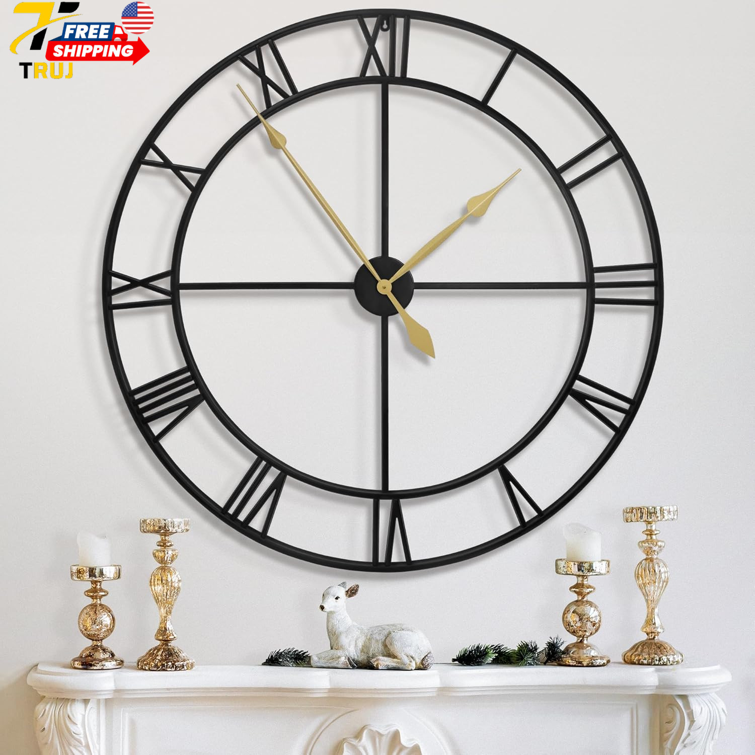 40" Oversized Rustic Wall Clock Silent Battery Operated Blac