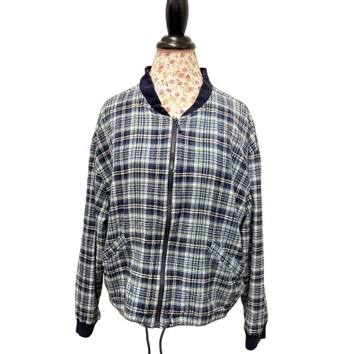 🧥 Basic Editions XL Plaid Bomber Jacket Blue Vintage 90s Grunge Zip Casual - product listing photo