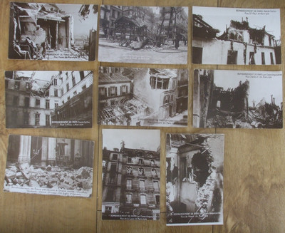 Seltenes LOT 9 WW1 Postkarten PARIS BOMBENSCHADEN GOTHA BOMBER LUFTANGRIFFE MÄRZ 1918