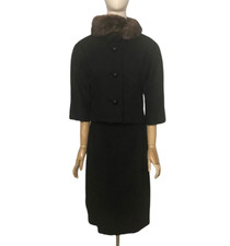 Vintage 60s Black Wool Suit Skirt and Cropped Jacket Mink Fur Big Dome Buttons
