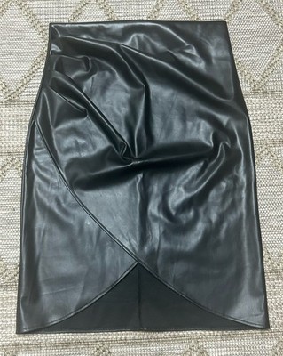Micas Black Faux Leather Wrap Ruched Skirt Knee Length Pencil Sz XL