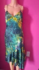 MNG Women’s Green Blue Yellow Abstract Satin V-Neck Slip Midi Dress Size S