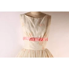 1950s Cream, Pink and Green Velvet Flocked Floral Pink Bow Sleeveless Dress