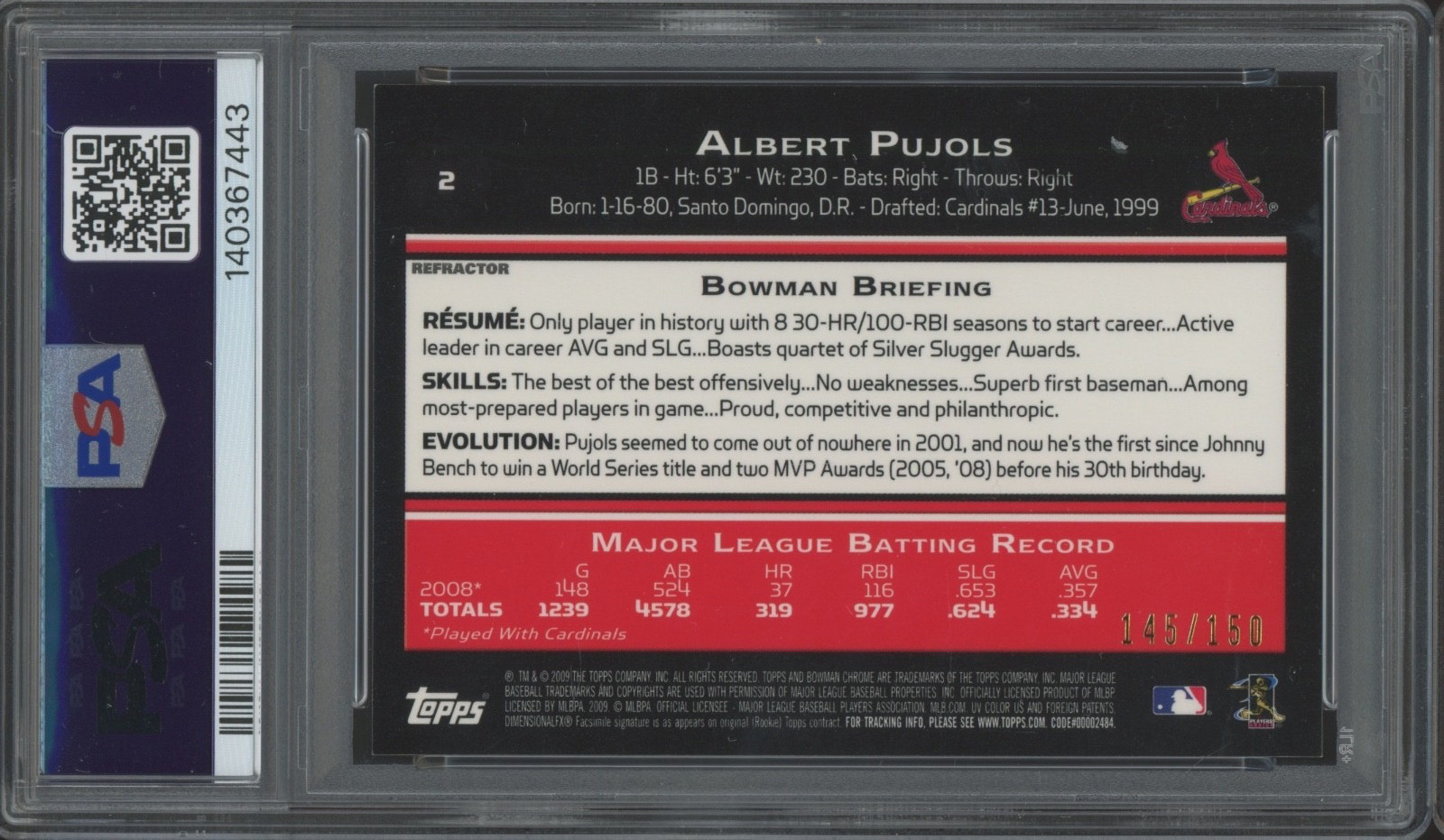 2009 Bowman Chrome Blue Refractor #2 Albert Pujols /150 Mint PSA 9 view 2