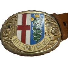 Vintage 1970s Enameled Alfa Romeo Belt Buckle And Leather Tooled Belt Size 40